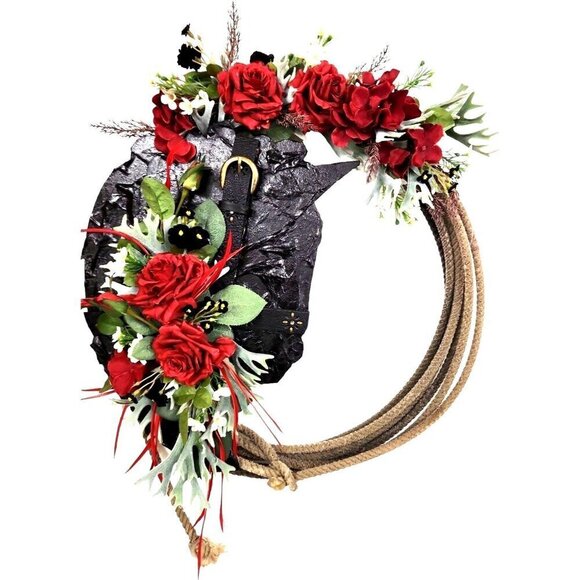 Artificial Floral Wreath With Red Roses & Greenery On Black Textured Base & Rope - Picture 1 of 14